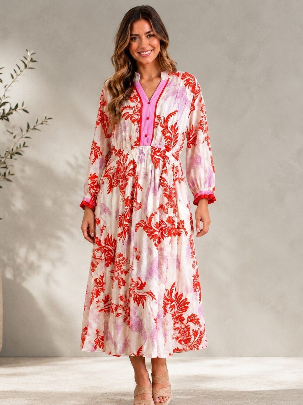 Umgee White Maxi Dress with Red Floral Print & Pink Accents